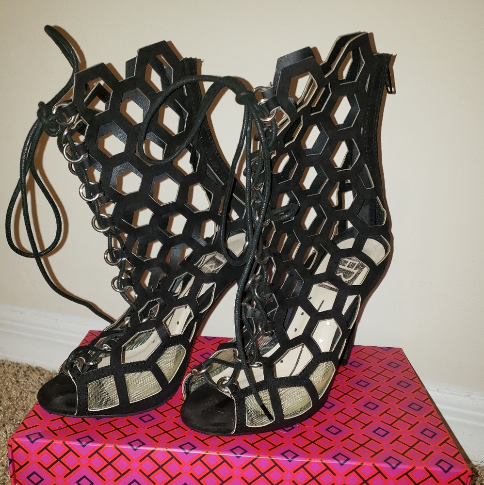 Black tie-up ankle boots. Worn once. Comfortable.